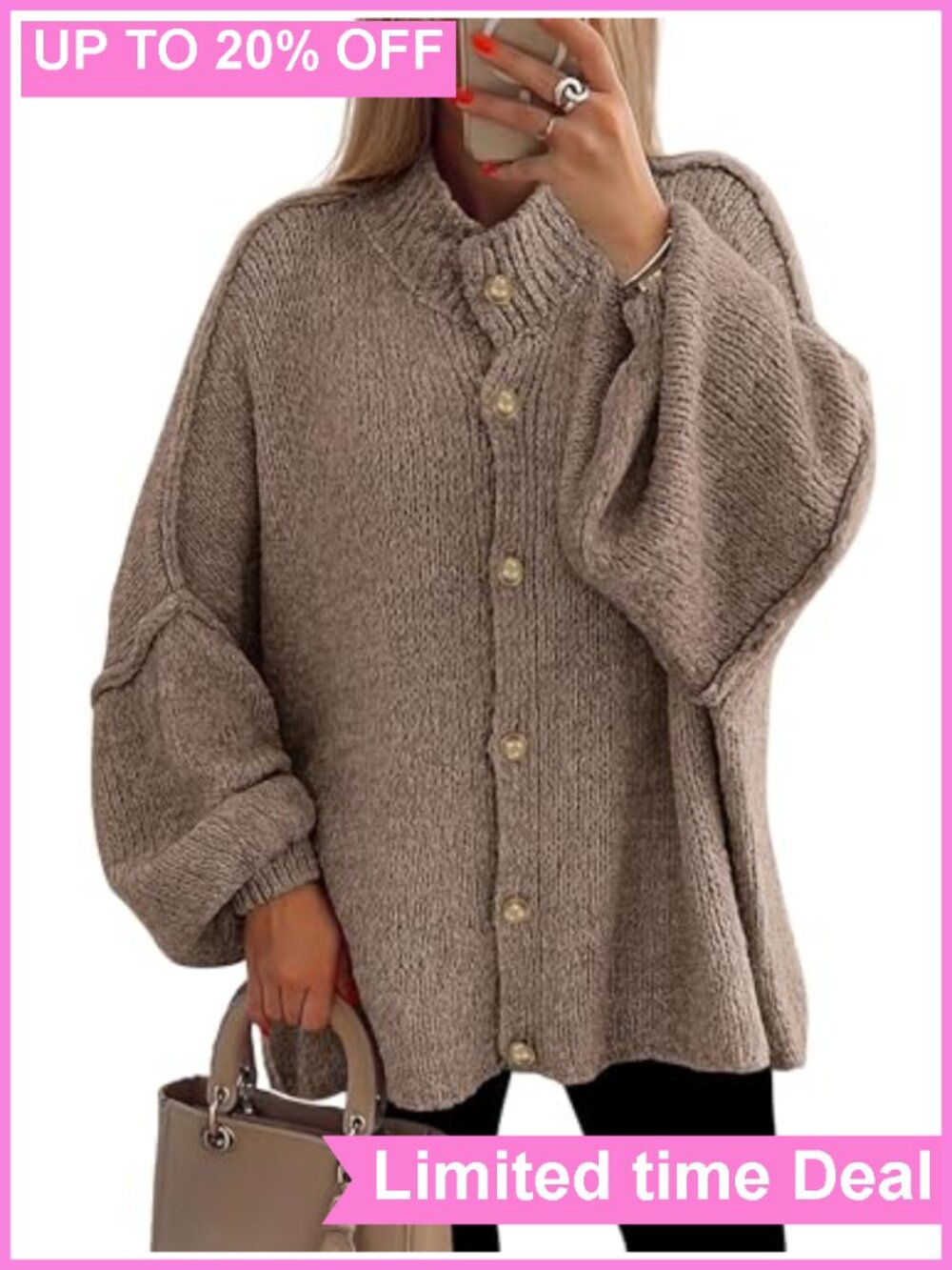 Oversized Chunky Knit Button Down Cardigan Sweater Mock Neck Lantern Sleeve